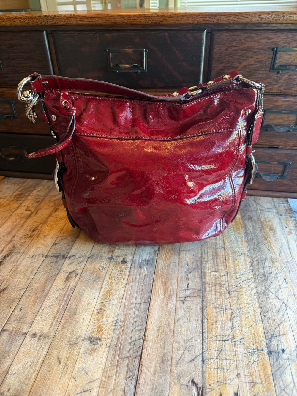 Coach Red Patent Leather Shoulder Bag with Silver Hardware